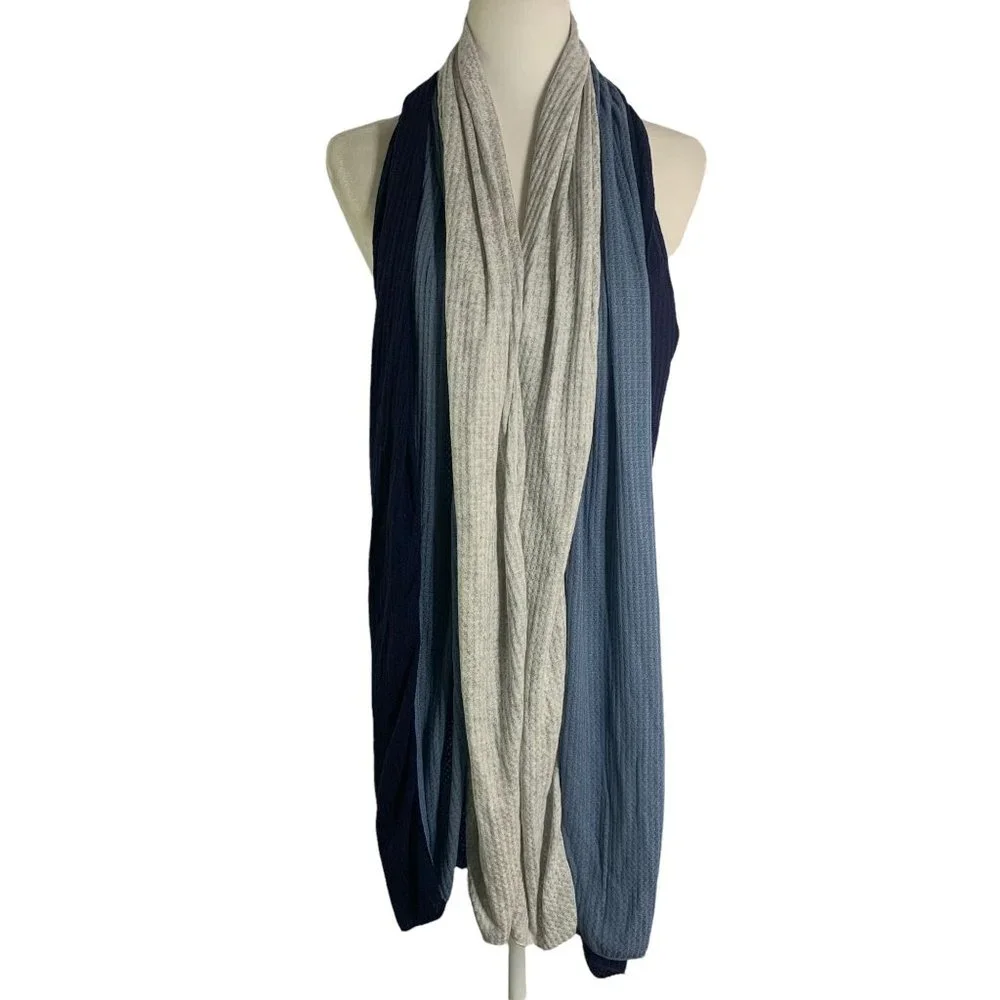 Donni Thermal Trio Wrap Scarf 86 x 30 Blue Grey Knit Rolled Hems